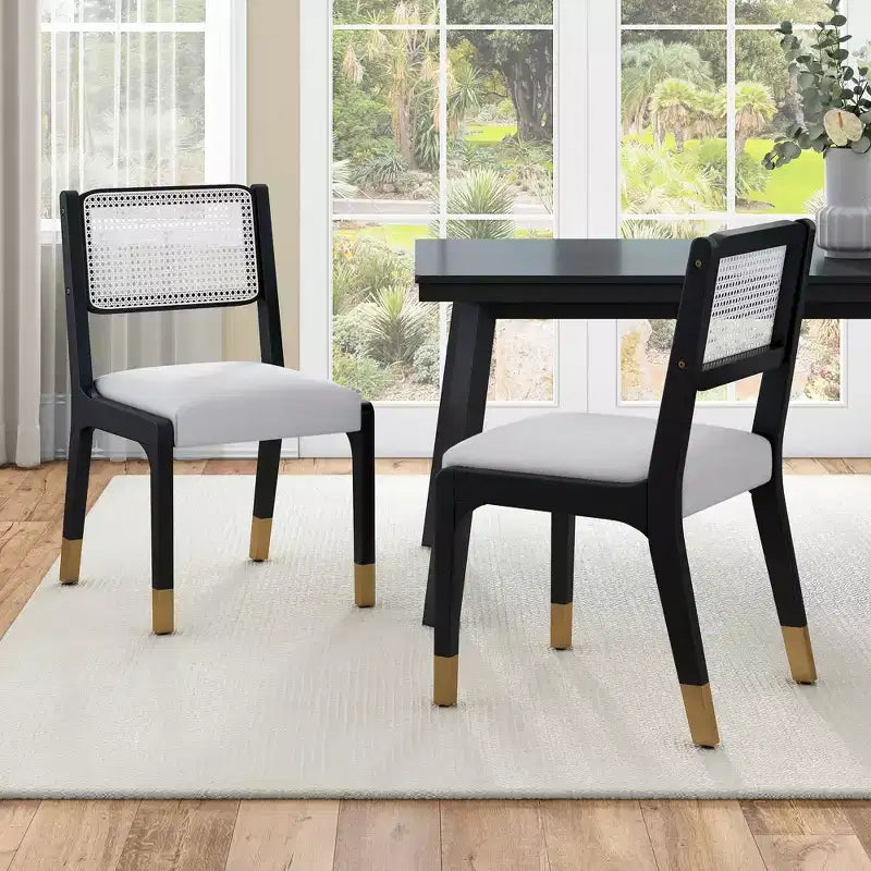 Chaises de salle à manger en lin/PU beige/noir avec dossier en rotin, lot de 2