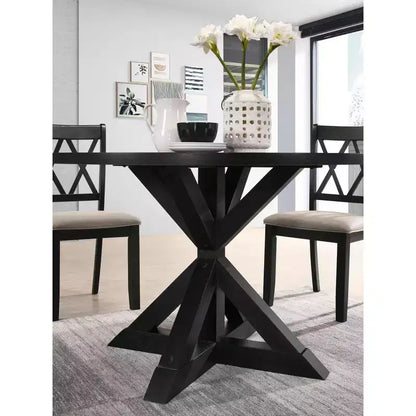Table à manger ronde noire / marron avec pied central en X, 4 places