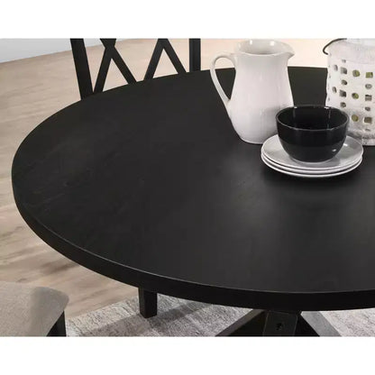 Table à manger ronde noire / marron avec pied central en X, 4 places
