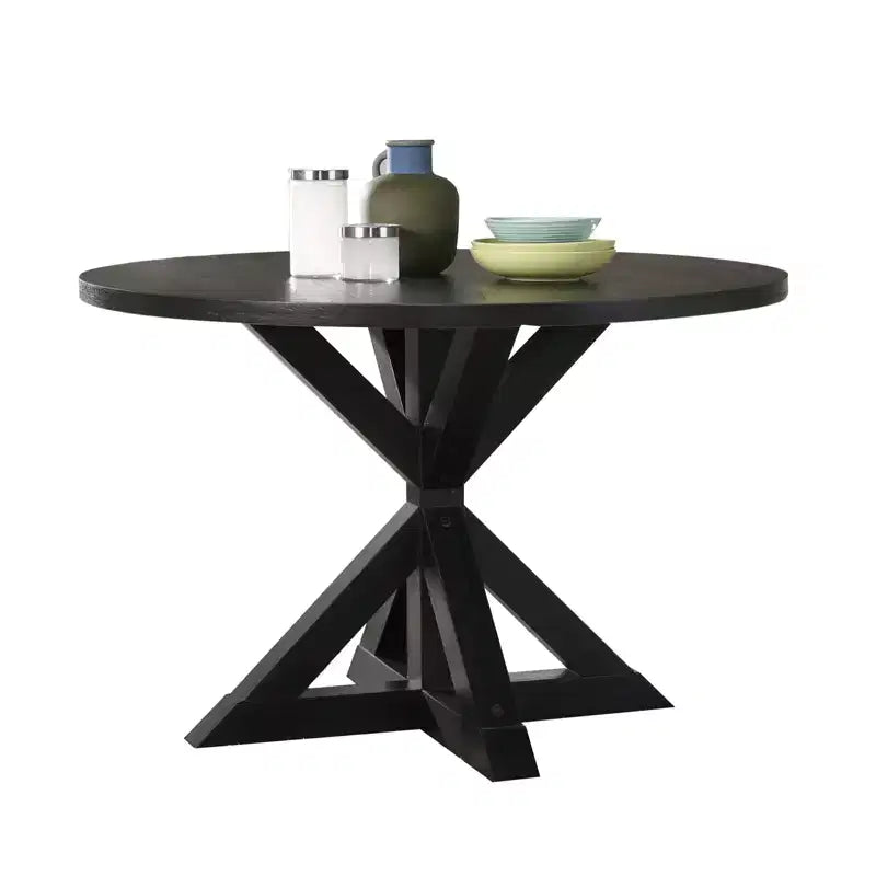 Table à manger ronde noire / marron avec pied central en X, 4 places