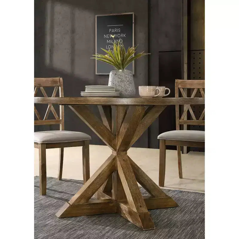 Table à manger ronde noire / marron avec pied central en X, 4 places