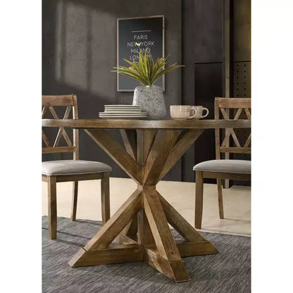 Table à manger ronde noire / marron avec pied central en X, 4 places