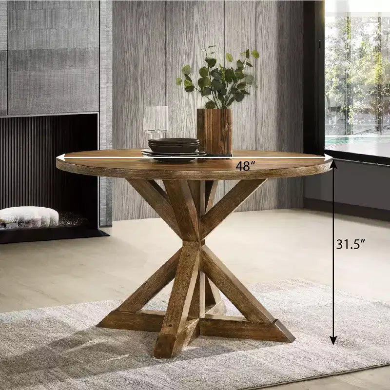 Table à manger ronde noire / marron avec pied central en X, 4 places