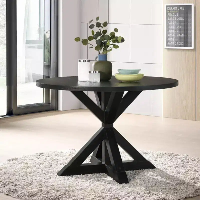 Table à manger ronde noire / marron avec pied central en X, 4 places
