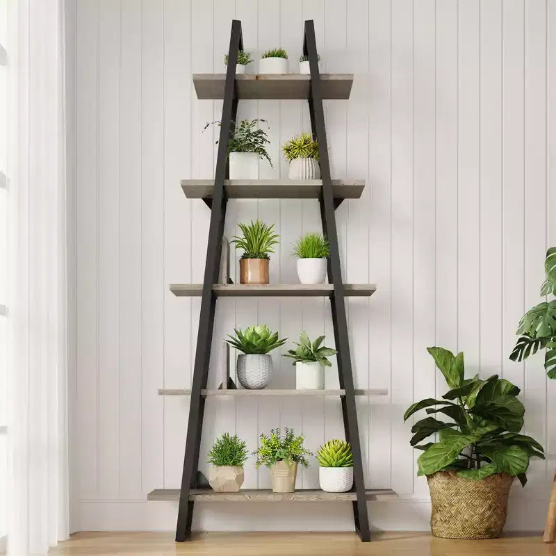 Étagère échelle à 5 niveaux, gris foncé / grain de bois jaune clair, style rustique
