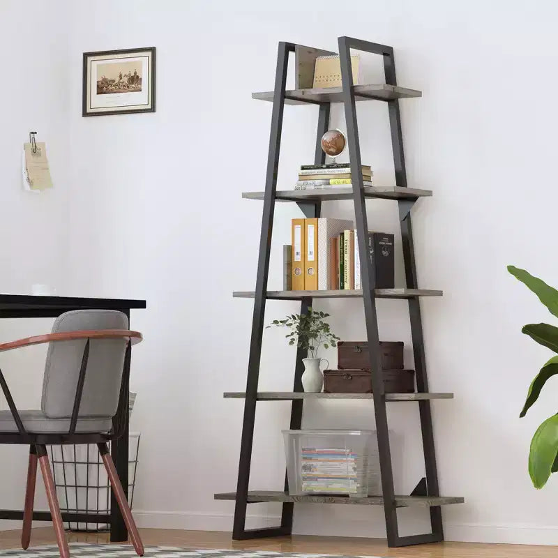 Étagère échelle à 5 niveaux, gris foncé / grain de bois jaune clair, style rustique