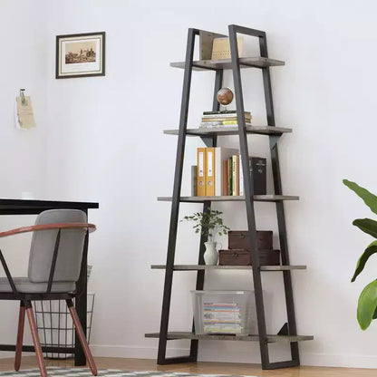 Étagère échelle à 5 niveaux, gris foncé / grain de bois jaune clair, style rustique