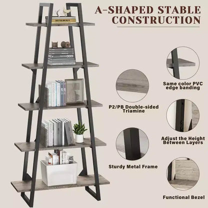 Étagère échelle à 5 niveaux, gris foncé / grain de bois jaune clair, style rustique