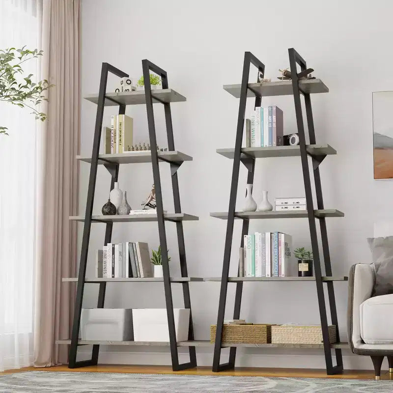 Étagère échelle à 5 niveaux, gris foncé / grain de bois jaune clair, style rustique
