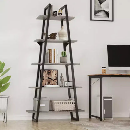 Étagère échelle à 5 niveaux, gris foncé / grain de bois jaune clair, style rustique