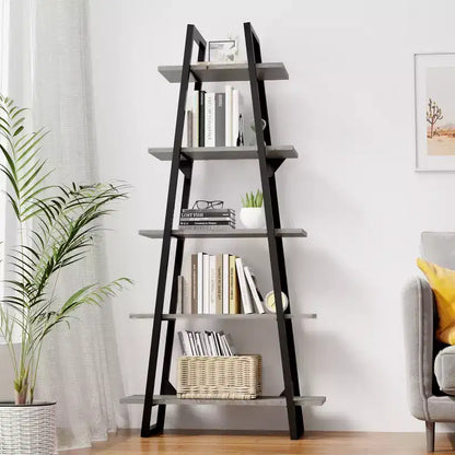 Étagère échelle à 5 niveaux, gris foncé / grain de bois jaune clair, style rustique
