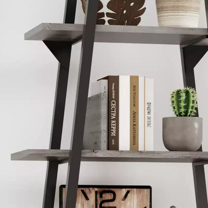Étagère échelle à 5 niveaux, gris foncé / grain de bois jaune clair, style rustique