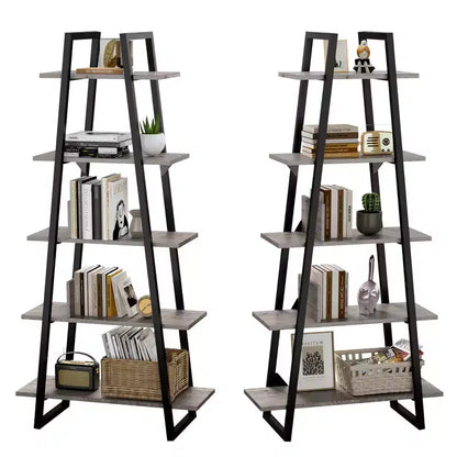 Étagère échelle à 5 niveaux, gris foncé / grain de bois jaune clair, style rustique