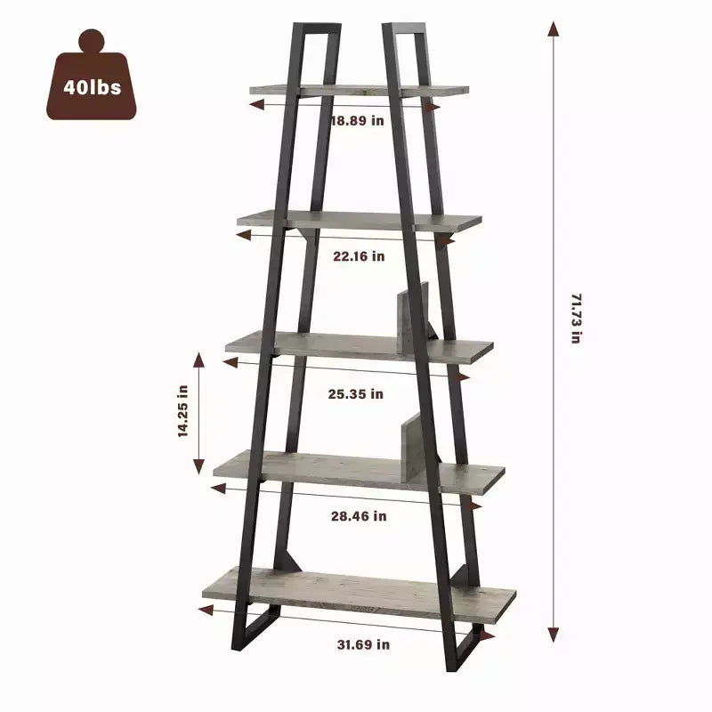 Étagère échelle à 5 niveaux, gris foncé / grain de bois jaune clair, style rustique