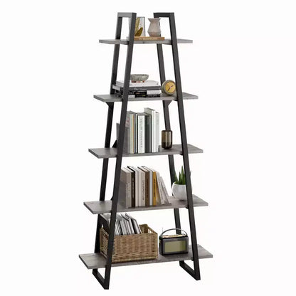 5 Tier Ladder Bookshelf, Retro Floor Standing Bookcase with Shelves, Tall Book Storage Rack for CDs Movies Books, Narrow Organizer Shelf for Bedroom