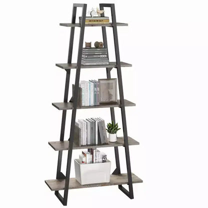Étagère échelle à 5 niveaux, gris foncé / grain de bois jaune clair, style rustique