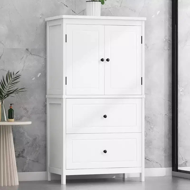 Armoire de rangement haute noire et blanche avec 2 portes, 2 tiroirs et étagère réglable