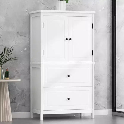 Armoire de rangement haute noire et blanche avec 2 portes, 2 tiroirs et étagère réglable