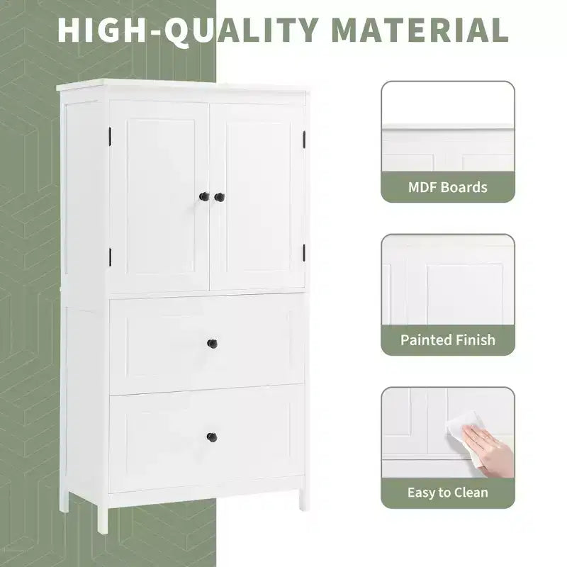 Armoire de rangement haute noire et blanche avec 2 portes, 2 tiroirs et étagère réglable
