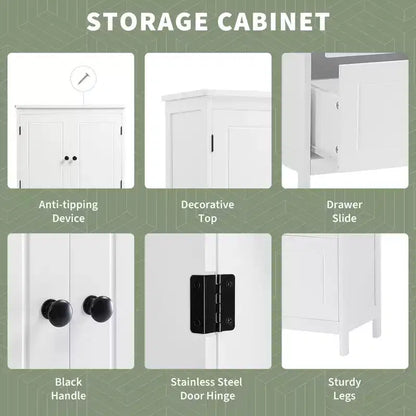 Armoire de rangement haute noire et blanche avec 2 portes, 2 tiroirs et étagère réglable