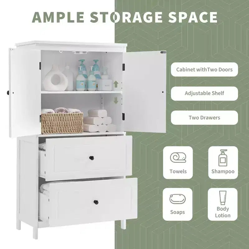 Armoire de rangement haute noire et blanche avec 2 portes, 2 tiroirs et étagère réglable
