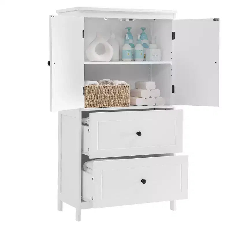 Armoire de rangement haute noire et blanche avec 2 portes, 2 tiroirs et étagère réglable