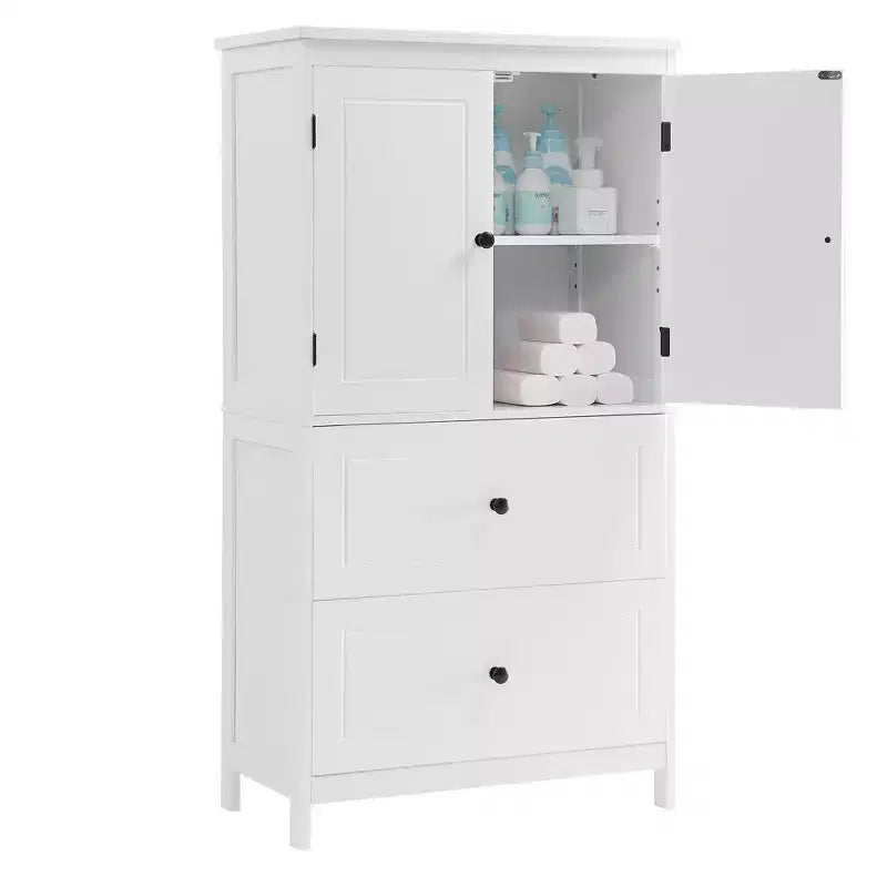 Armoire de rangement haute noire et blanche avec 2 portes, 2 tiroirs et étagère réglable