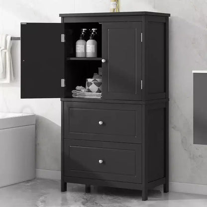 Armoire de rangement haute noire et blanche avec 2 portes, 2 tiroirs et étagère réglable