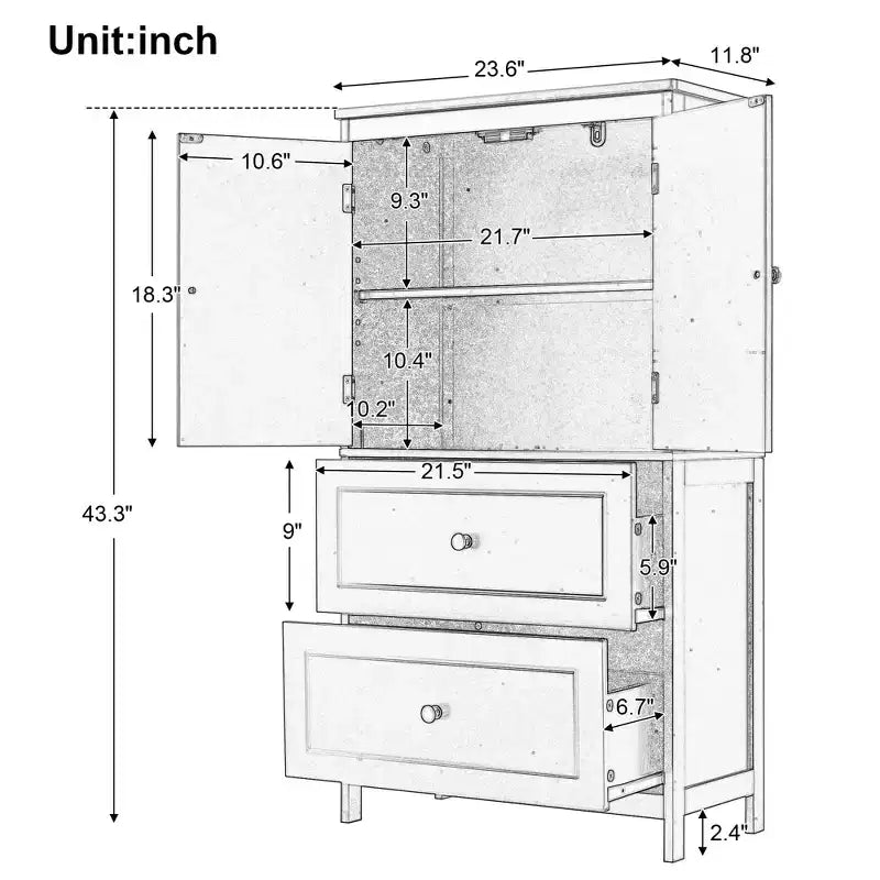 Armoire de rangement haute noire et blanche avec 2 portes, 2 tiroirs et étagère réglable