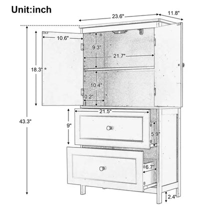 Armoire de rangement haute noire et blanche avec 2 portes, 2 tiroirs et étagère réglable