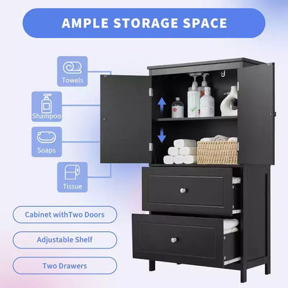 Armoire de rangement haute noire et blanche avec 2 portes, 2 tiroirs et étagère réglable