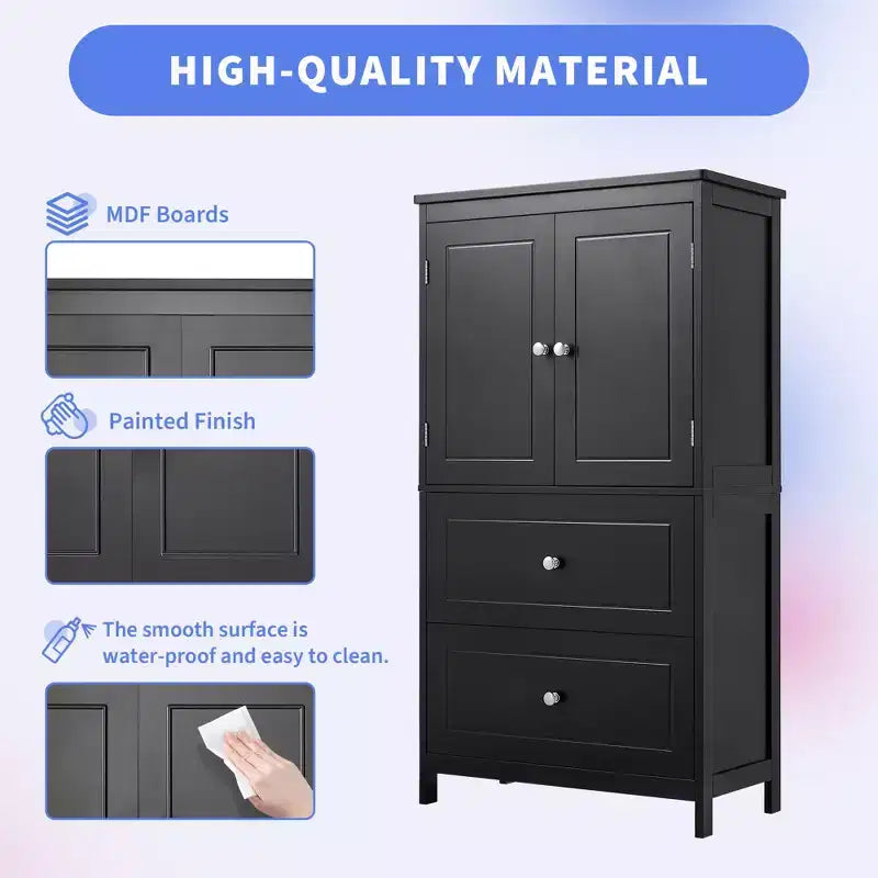 Armoire de rangement haute noire et blanche avec 2 portes, 2 tiroirs et étagère réglable