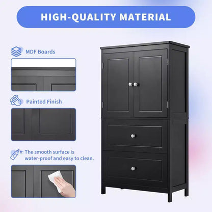Armoire de rangement haute noire et blanche avec 2 portes, 2 tiroirs et étagère réglable