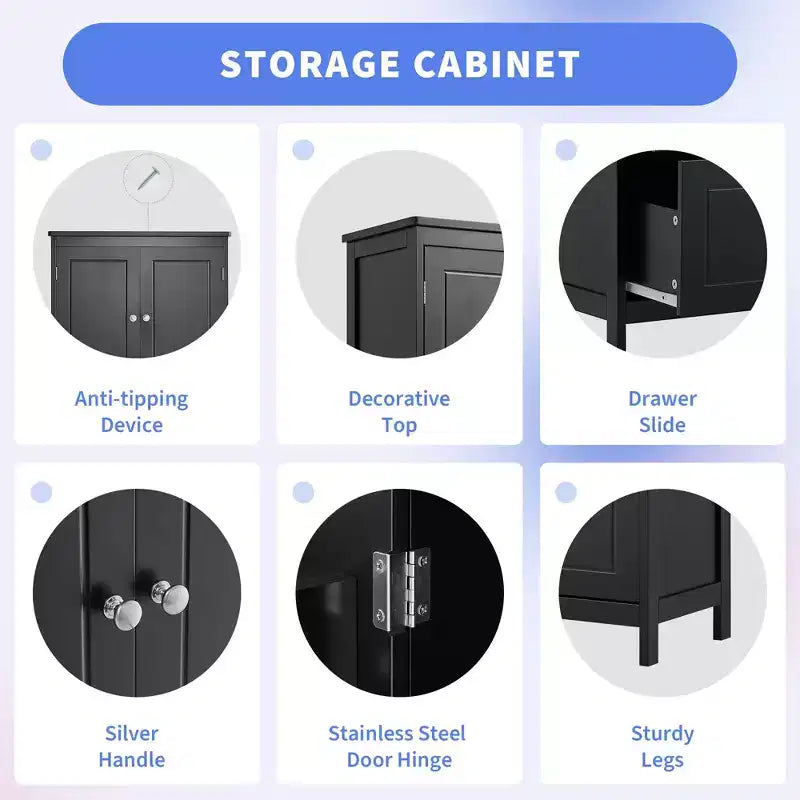 Armoire de rangement haute noire et blanche avec 2 portes, 2 tiroirs et étagère réglable