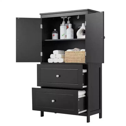Armoire de rangement haute noire et blanche avec 2 portes, 2 tiroirs et étagère réglable