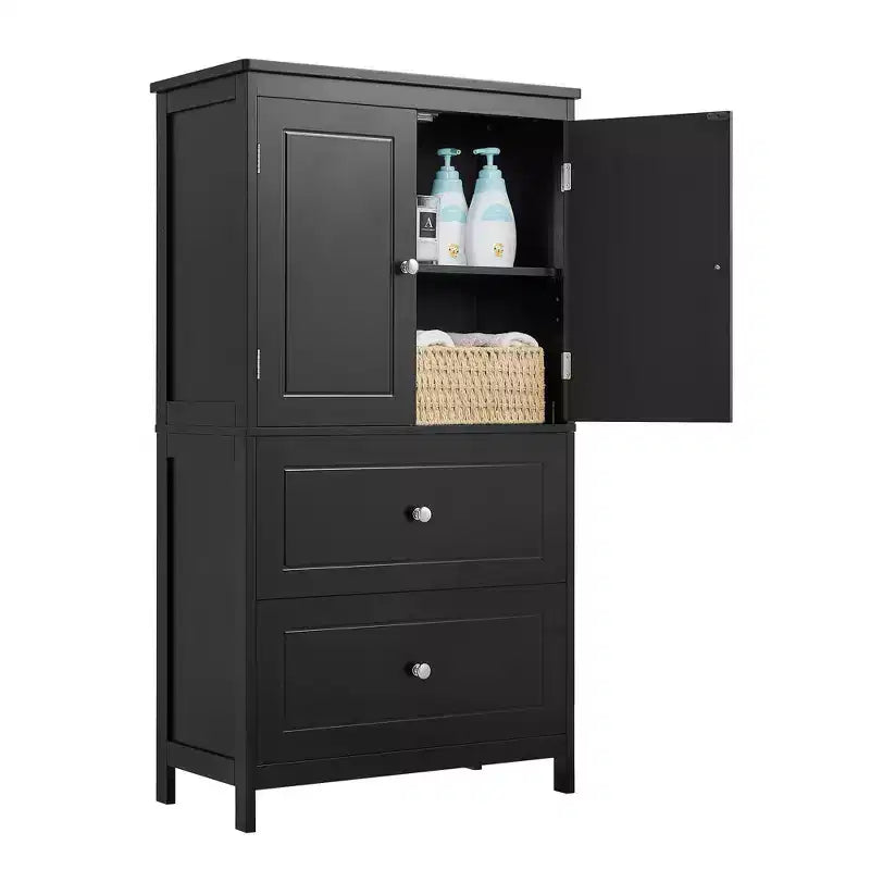Armoire de rangement haute noire et blanche avec 2 portes, 2 tiroirs et étagère réglable