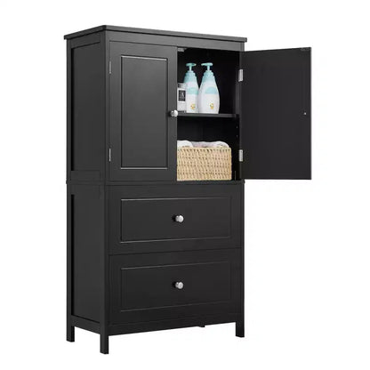 Armoire de rangement haute noire et blanche avec 2 portes, 2 tiroirs et étagère réglable
