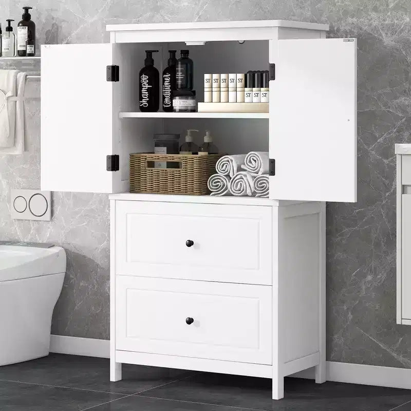 Armoire de rangement haute noire et blanche avec 2 portes, 2 tiroirs et étagère réglable