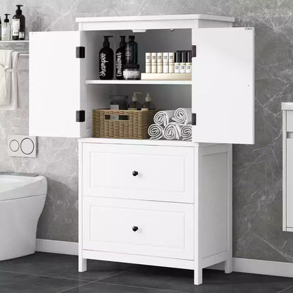 Armoire de rangement haute noire et blanche avec 2 portes, 2 tiroirs et étagère réglable