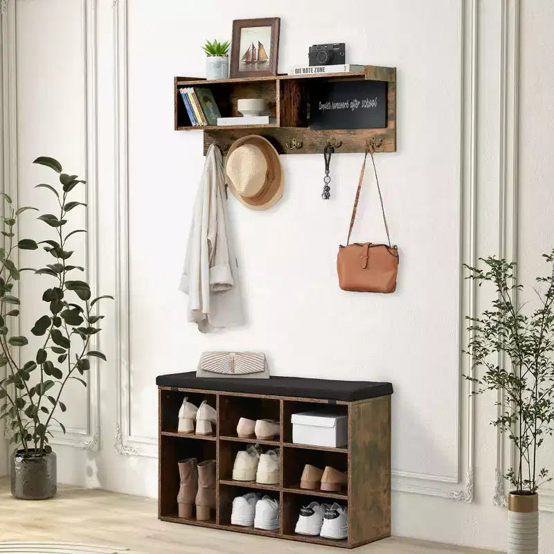 Meuble d'entrée marron industriel avec 5 patères et banc à chaussures, organisateur d'entrée pour une personne