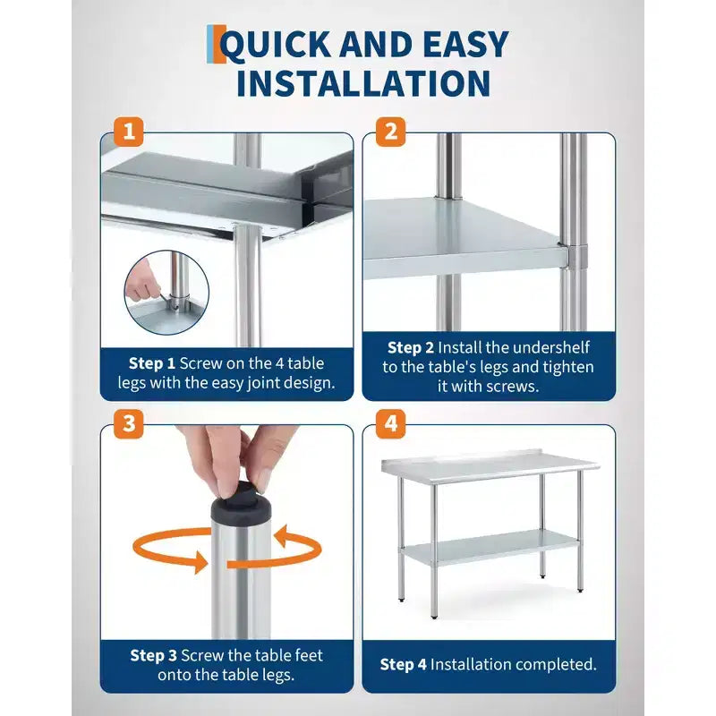 Table de travail en acier inoxydable argenté, 24x48 po, monoposte, avec dosseret et étagère réglable