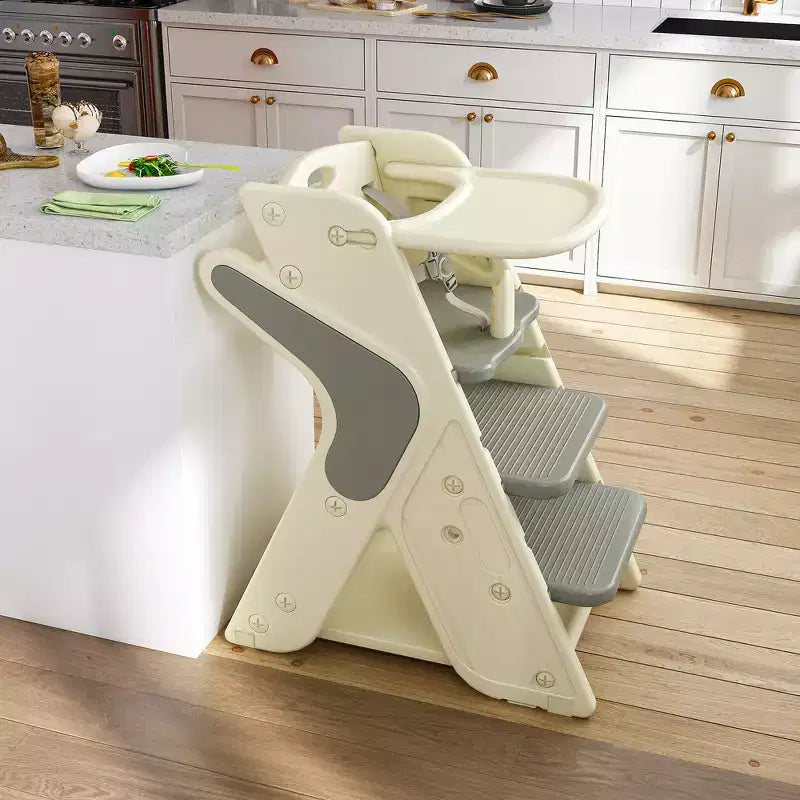 Chaise haute et tour d'apprentissage 3-en-1 pour tout-petit, blanc et anthracite/gris/vert, 1 enfant