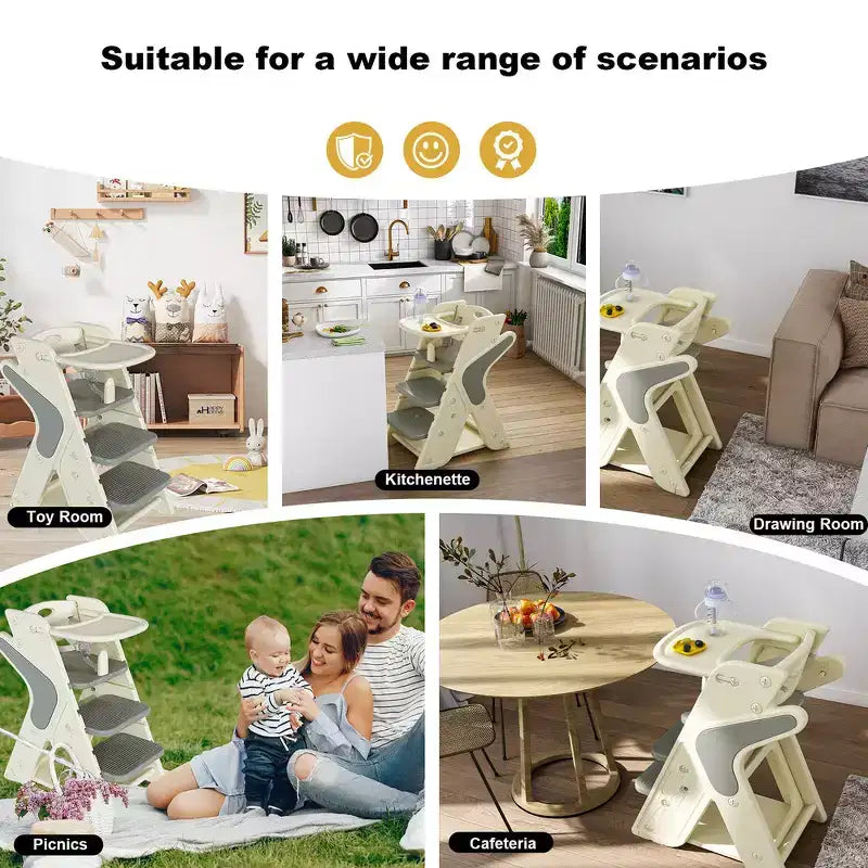 Chaise haute et tour d'apprentissage 3-en-1 pour tout-petit, blanc et anthracite/gris/vert, 1 enfant