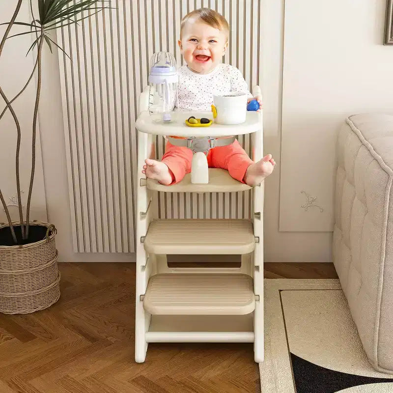 Chaise haute et tour d'apprentissage 3-en-1 pour tout-petit, blanc et anthracite/gris/vert, 1 enfant
