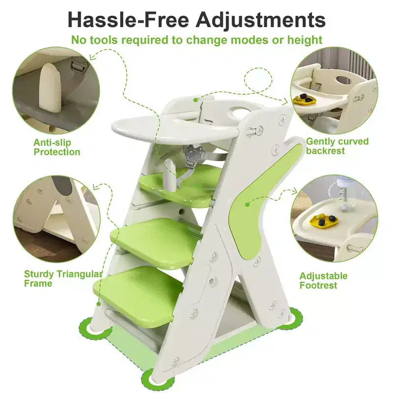 Chaise haute et tour d'apprentissage 3-en-1 pour tout-petit, blanc et anthracite/gris/vert, 1 enfant