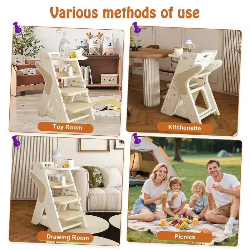 Chaise haute et tour d'apprentissage 3-en-1 pour tout-petit, blanc et anthracite/gris/vert, 1 enfant