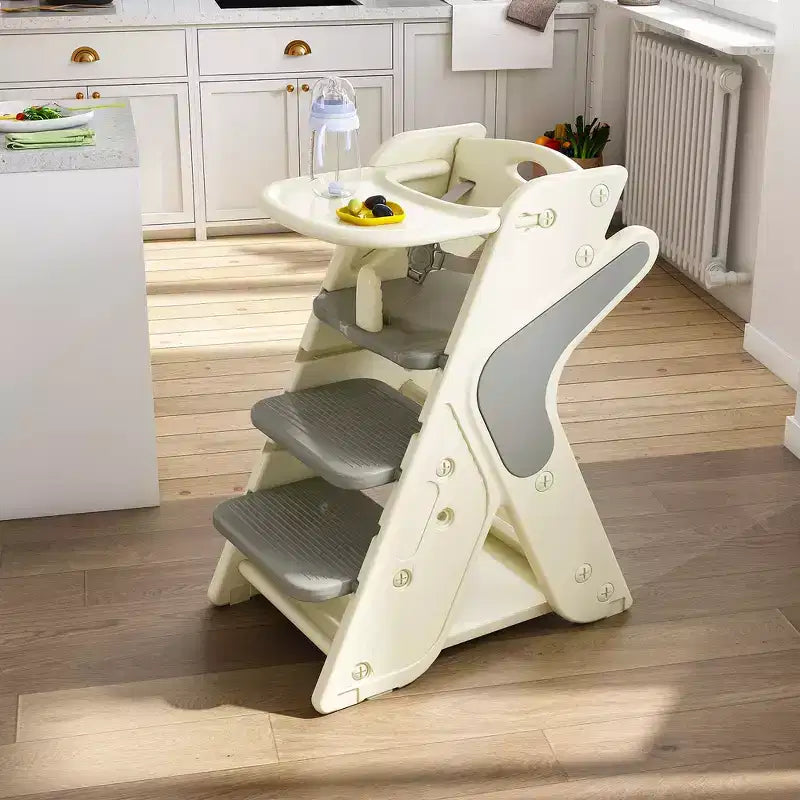 Chaise haute et tour d'apprentissage 3-en-1 pour tout-petit, blanc et anthracite/gris/vert, 1 enfant