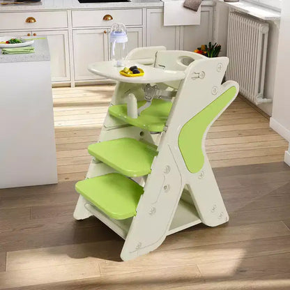 Chaise haute et tour d'apprentissage 3-en-1 pour tout-petit, blanc et anthracite/gris/vert, 1 enfant
