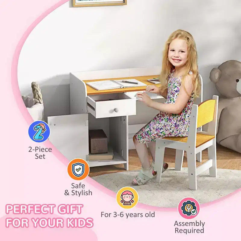 Bureau et chaise blancs pour enfants, 2 pièces, 6 ans et plus