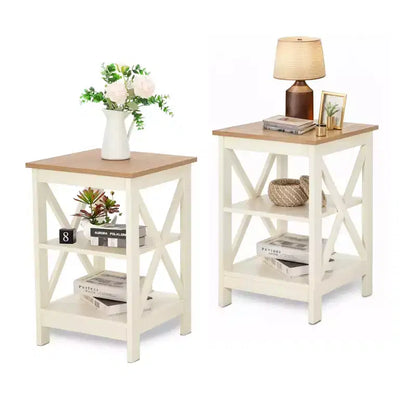 Tables d'appoint rustiques à 3 niveaux noires/ivoire, conception en X, lot de 2